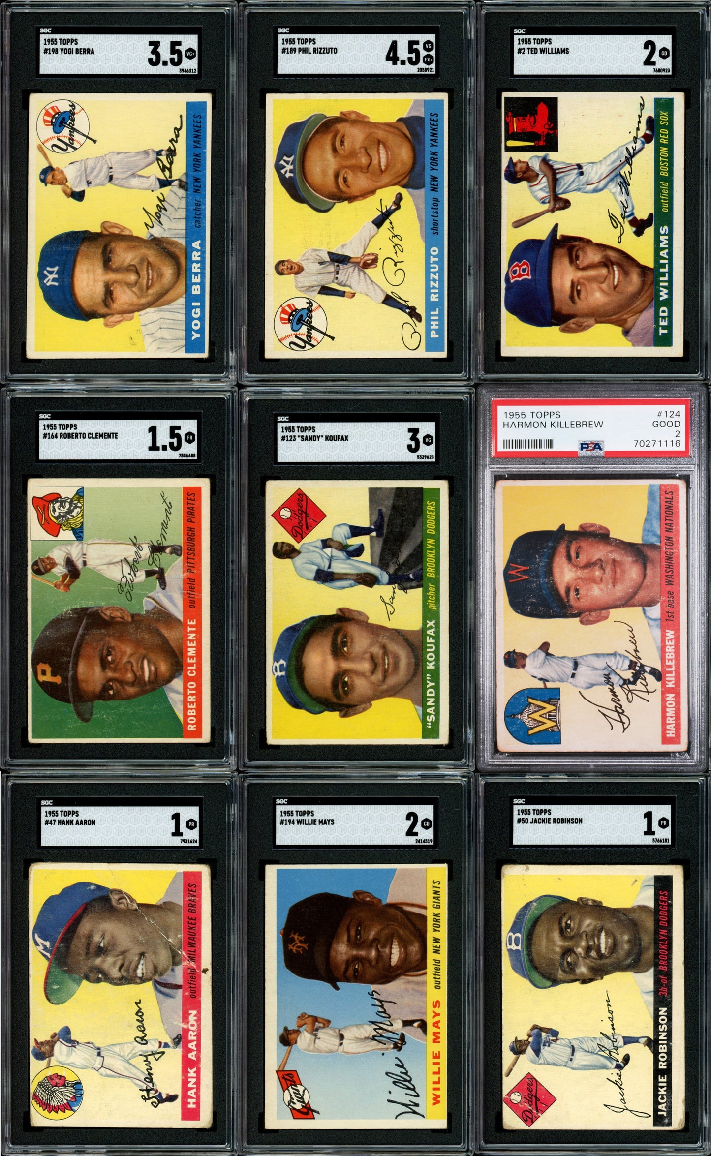 1955 Topps Baseball Set Break 206 Spot Random Card (Sandy Koufax Rookie SGC 3, Roberto Clemente Rookie SGC 1.5, Harmon Killebrew Rookie PSA 2, Phil Rizzuto SGC 4.5, Ted Williams SGC 2, etc!)