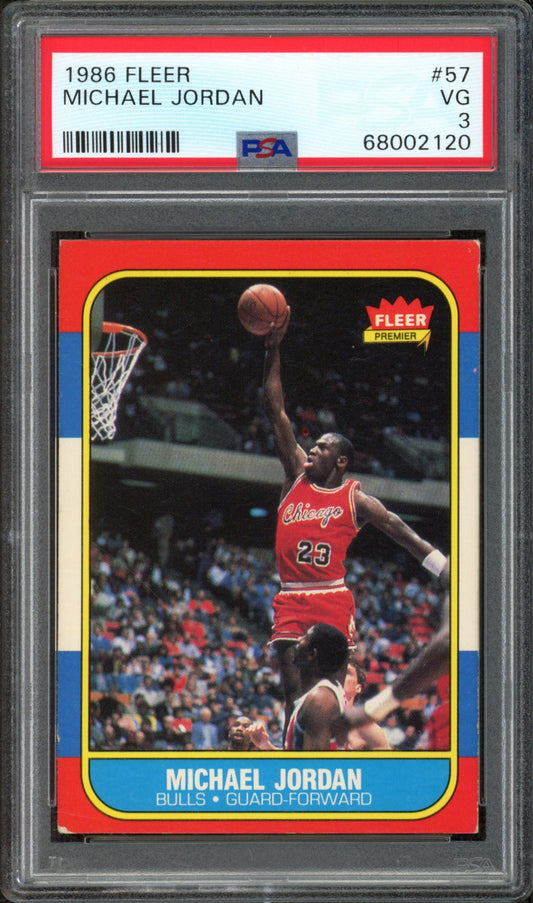 1986 Fleer Basketball Set Break With Stickers 143 Spot Random Card (Michael Jordan Rookie PSA 3, Michael Jordan Rookie Sticker PSA 5, Hakeem Olajuwon Rookie ISA 7.5, Clyde Drexler Rookie ISA 7.5, Julius Erving ISA 8.5, etc.!)