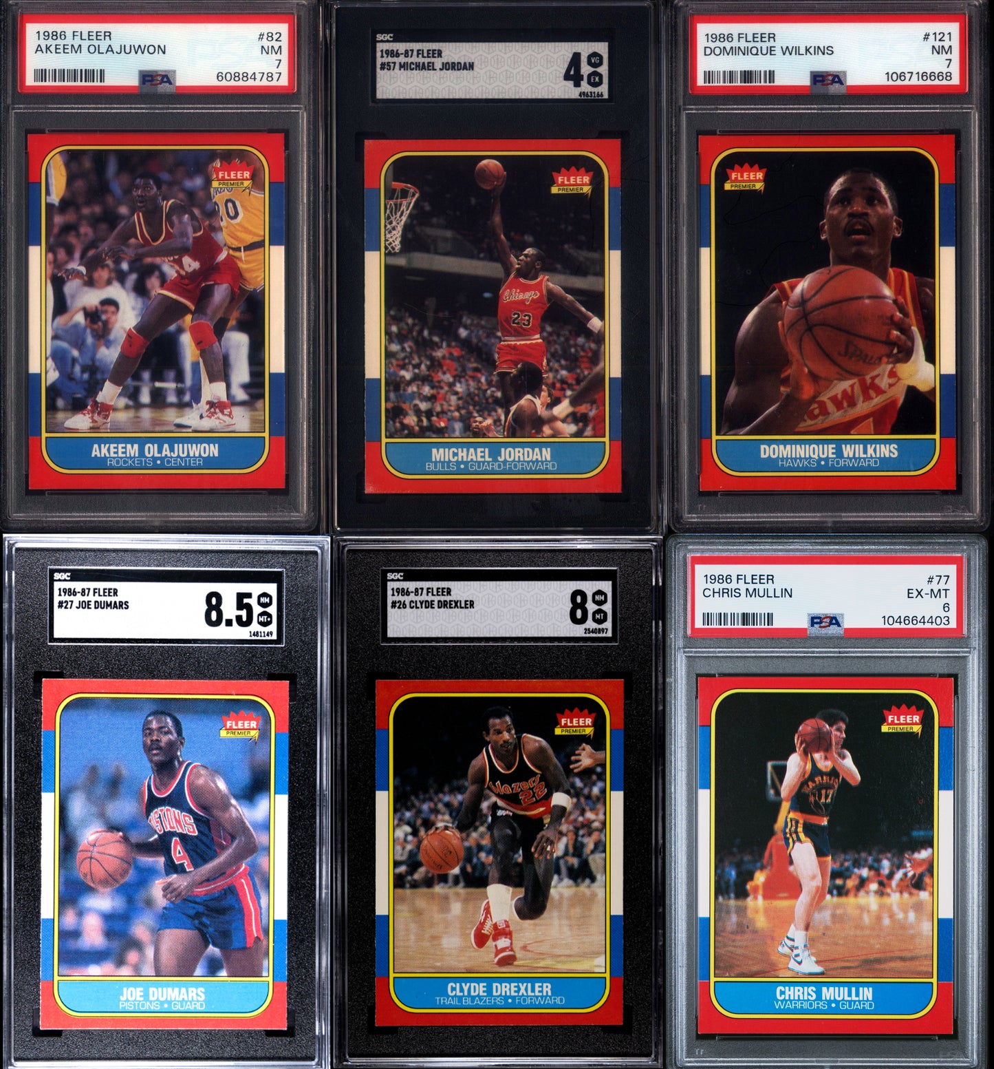 1986 Fleer Basketball Set Break 132 Spot Random Card (Michael Jordan Rookie SGC 4, Clyde Drexler Rookie SGC 8, Akeem Olajuwon Rookie PSA 7, etc!)