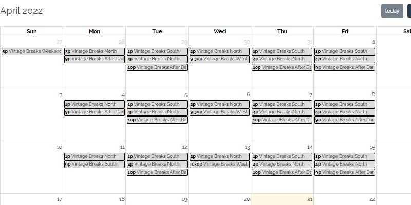 The Break Calendar at Vintage Breaks Helps Plan Your Break Watching