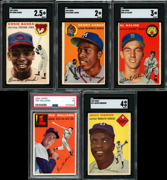 1954 Topps Baseball Set Break 250 Spot Random Card (Hank Aaron Rookie SGC 2, Ernie Banks Rookie SGC 2.5, Al Kaline Rookie SGC 3, Ted Williams PSA 3, Jackie Robinson SGC 4, etc!)