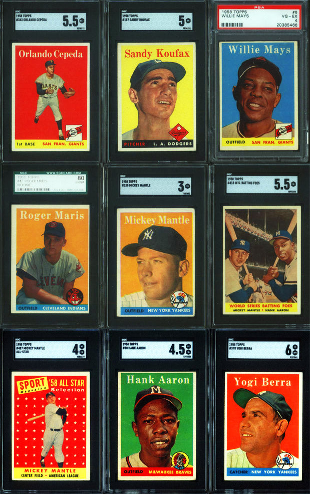 1958 Topps Baseball Set Break 494 Spot Random Card (Mickey Mantle SGC 3, Roger Maris Rookie SGC 6, Sandy Koufax SGC 5, WS Batting Foes w/ Mantle SGC 5.5, etc!)