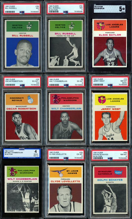 1961 Fleer Basketball Set Break 66 Spot Random Card (Wilt Chamberlain Rookie PSA 6, Jerry West Rookie PSA 8 (OC), Oscar Robertson PSA 6.5, Bill Russell PSA 7, etc.!)