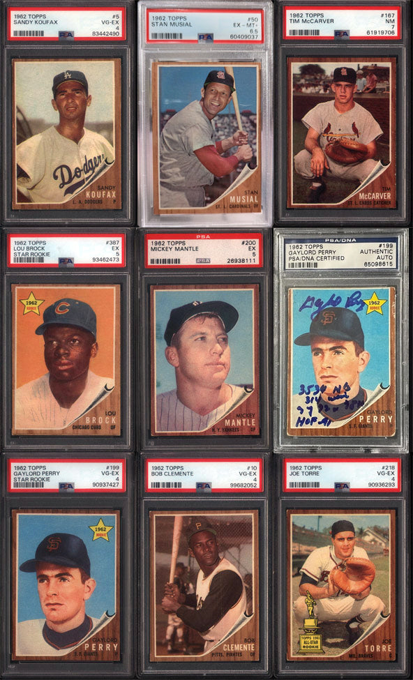 1962 Topps Baseball Set Break 598 Spot Random Card (Mickey Mantle PSA 5, Lou Brock Rookie PSA 5, Stan Musial PSA 6.5, Gaylord Perry Signed Rookie w/ Multiple Inscriptions PSA Authentic, etc!)