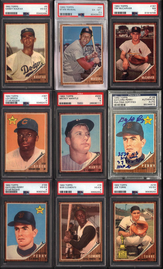 1962 Topps Baseball Set Break 598 Spot Random Card (Mickey Mantle PSA 5, Lou Brock Rookie PSA 5, Stan Musial PSA 6.5, Gaylord Perry Signed Rookie w/ Multiple Inscriptions PSA Authentic, etc!)