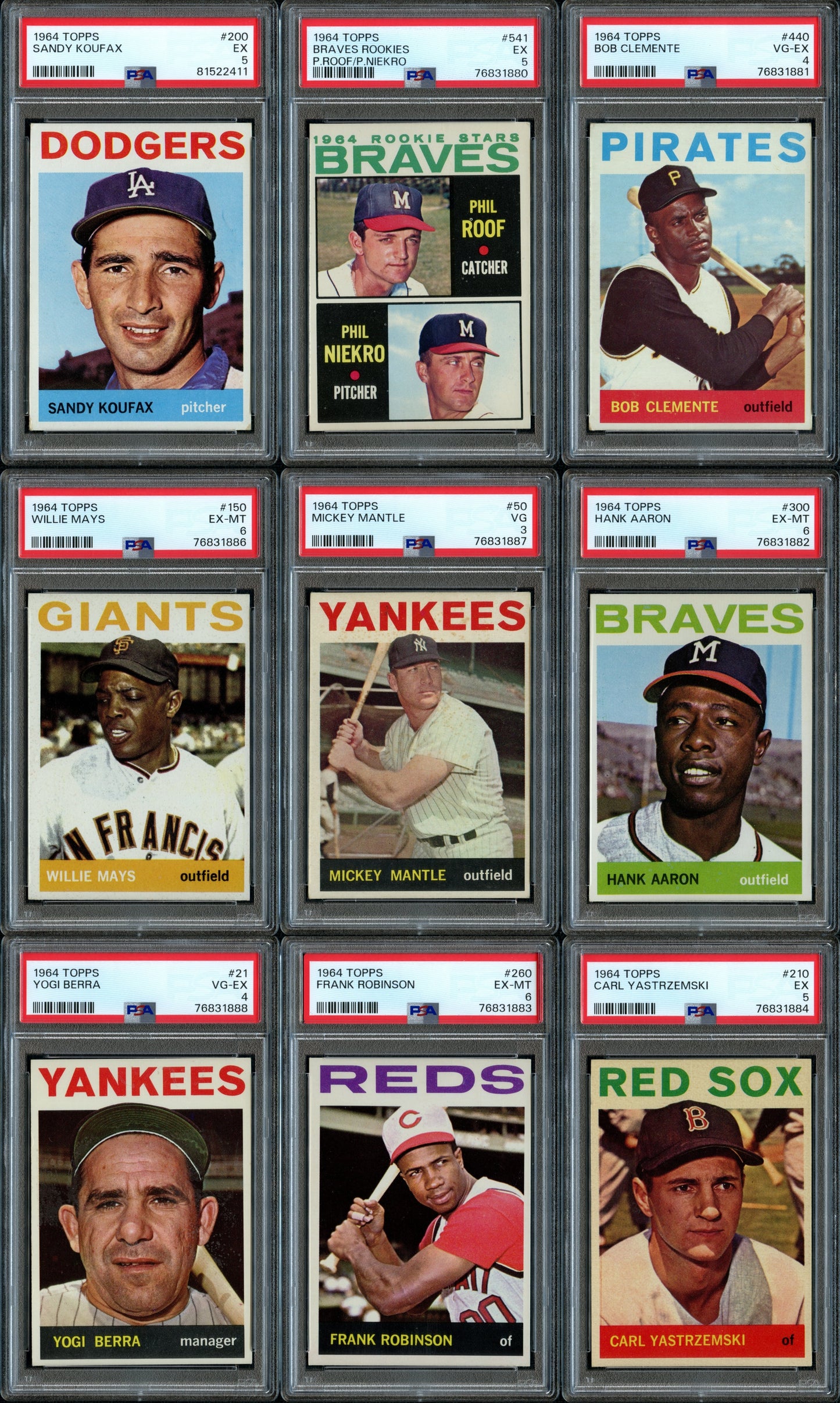1964 Topps Baseball Set Break 587 Spot Random Card (Mickey Mantle PSA 3, Willie Mays PSA 6, Hank Aaron PSA 6, Sandy Koufax PSA 5, Phil Niekro Rookie PSA 5, etc.!)