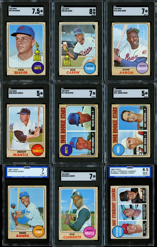 1968 Topps Baseball Set Break 598 Spot Random Card (Nolan Ryan Rookie SGC 7, Mickey Mantle SGC 5, Johnny Bench SGC 5, Tom Seaver SGC 7.5, Rod Carew SGC 8, etc.!)