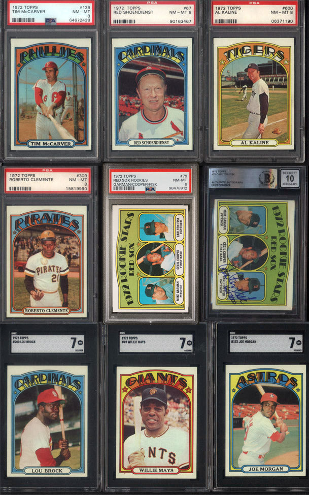 1972 Topps Baseball Set Break 787 Spot Random Card (Carlton Fisk Rookie PSA 8, Roberto Clemente PSA 8, Carlton Fisk Signed Rookie BGS 10 Auto, etc!)