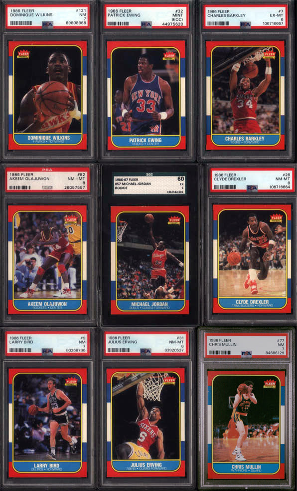 1986 Fleer Basketball Set Break 132 Spot Random Card (Michael Jordan Rookie SGC 5, Akeem Olajuwon Rookie PSA 8, Clyde Drexler Rookie PSA 8, etc!)