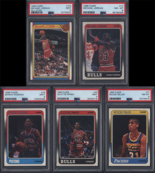1988 Fleer Basketball Set Break 132 Spot Random Card (Michael Jordan PSA 8, Michael Jordan A.S PSA 9, Reggie Miller Rookie PSA  8, Scottie Pippen Rookie PSA 9, Dennis Rodman Rookie PSA 9)