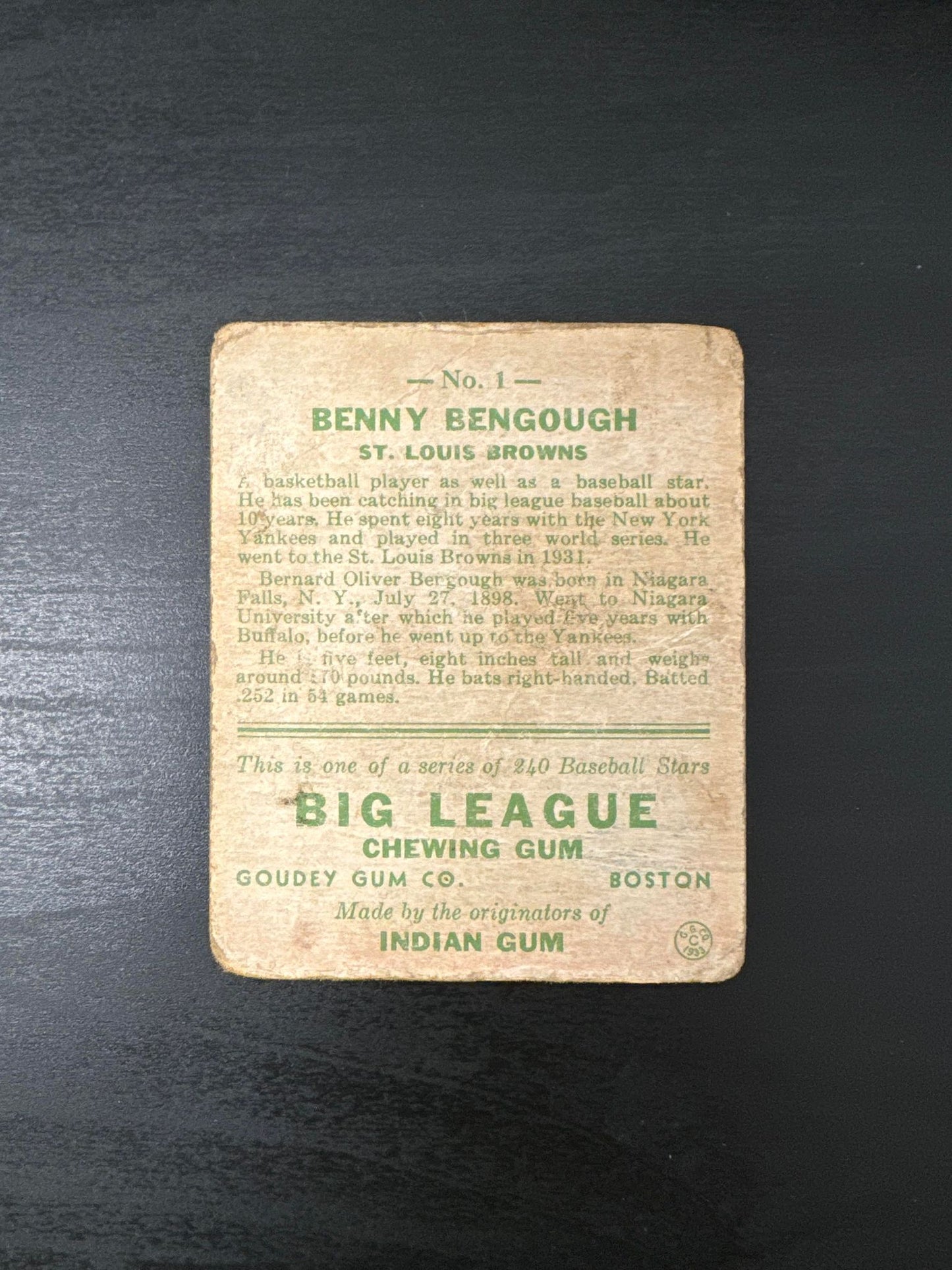 1933 Goudey Benny Bergough Raw Card Lunch Crew