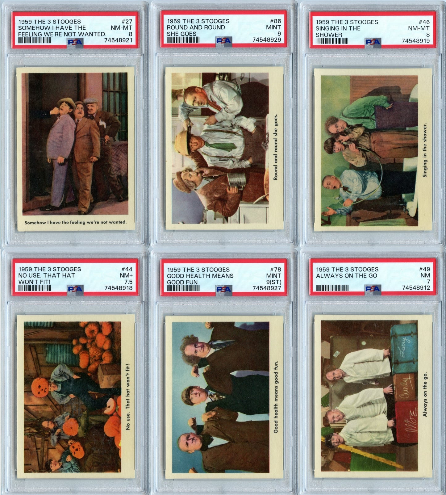 1959 Fleer The 3 Stooges Super High Grade Complete Set Break 96 Spot Random Card (Moe PSA 9, Larry PSA 6, Curly PSA 4, #77 PSA 10, etc)