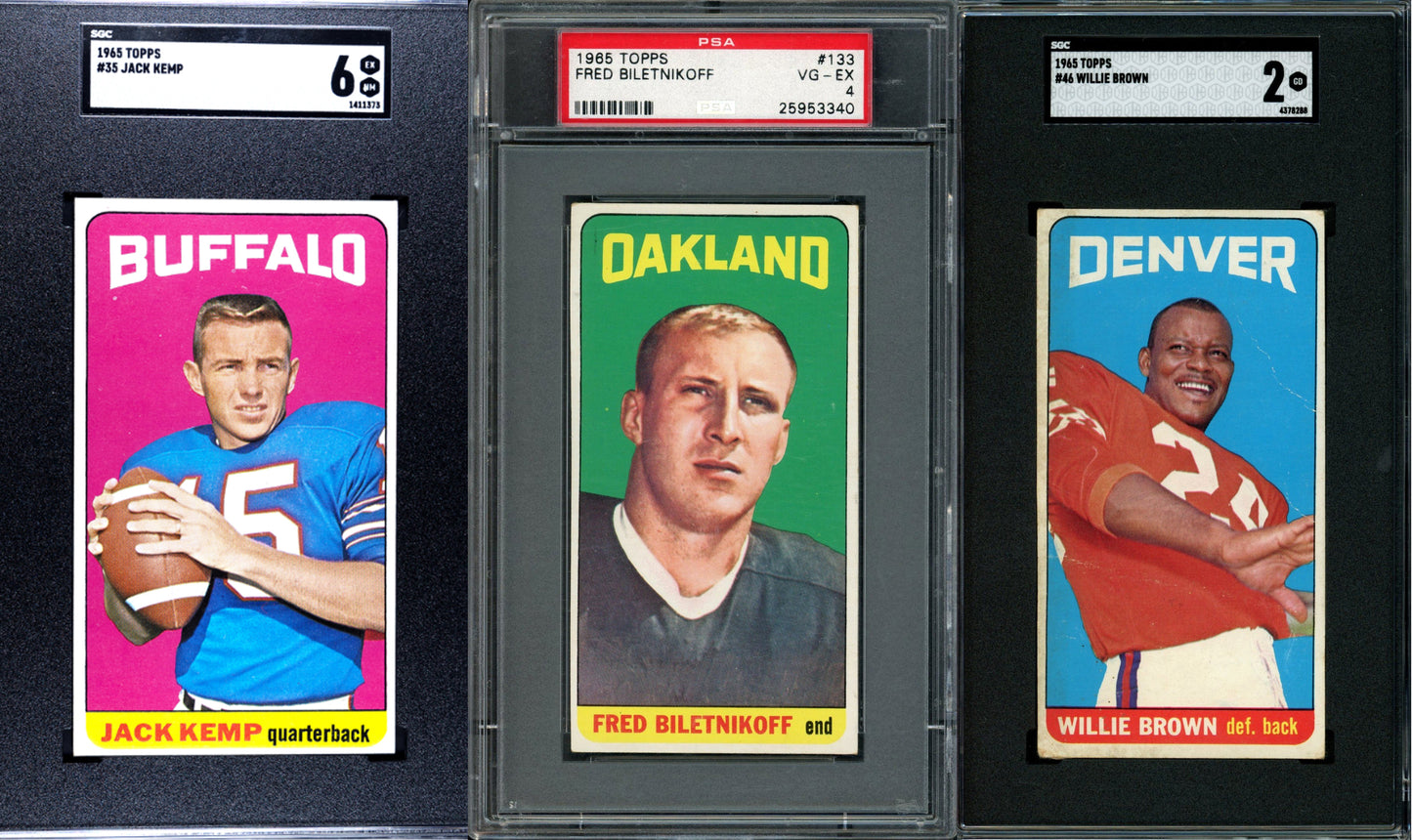 1965 Topps Football Set Break 176 Spot Random Card (Joe Namath Rookie SGC 2, Fred Biletnikoff Rookie PSA 4, Jack Kemp SGC 6, Willie Brown Rookie SGC 2, etc!)