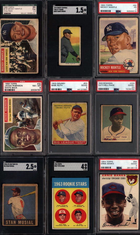 300 Card Vintage PSA & SGC Graded HIT Random 300 Spots with 1933 Goudey #53 Babe Ruth PSA 2, 1949 Bowman Satchel Paige PSA 2.5, 1956 Topps Jackie Robinson PSA 8, T206 Cy Young Bare Hand Shows SGC 1.5, etc!