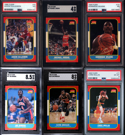 1986 Fleer Basketball Set Break 132 Spot Random Card (Michael Jordan Rookie SGC 4, Clyde Drexler Rookie SGC 8, Akeem Olajuwon Rookie PSA 7, etc!)