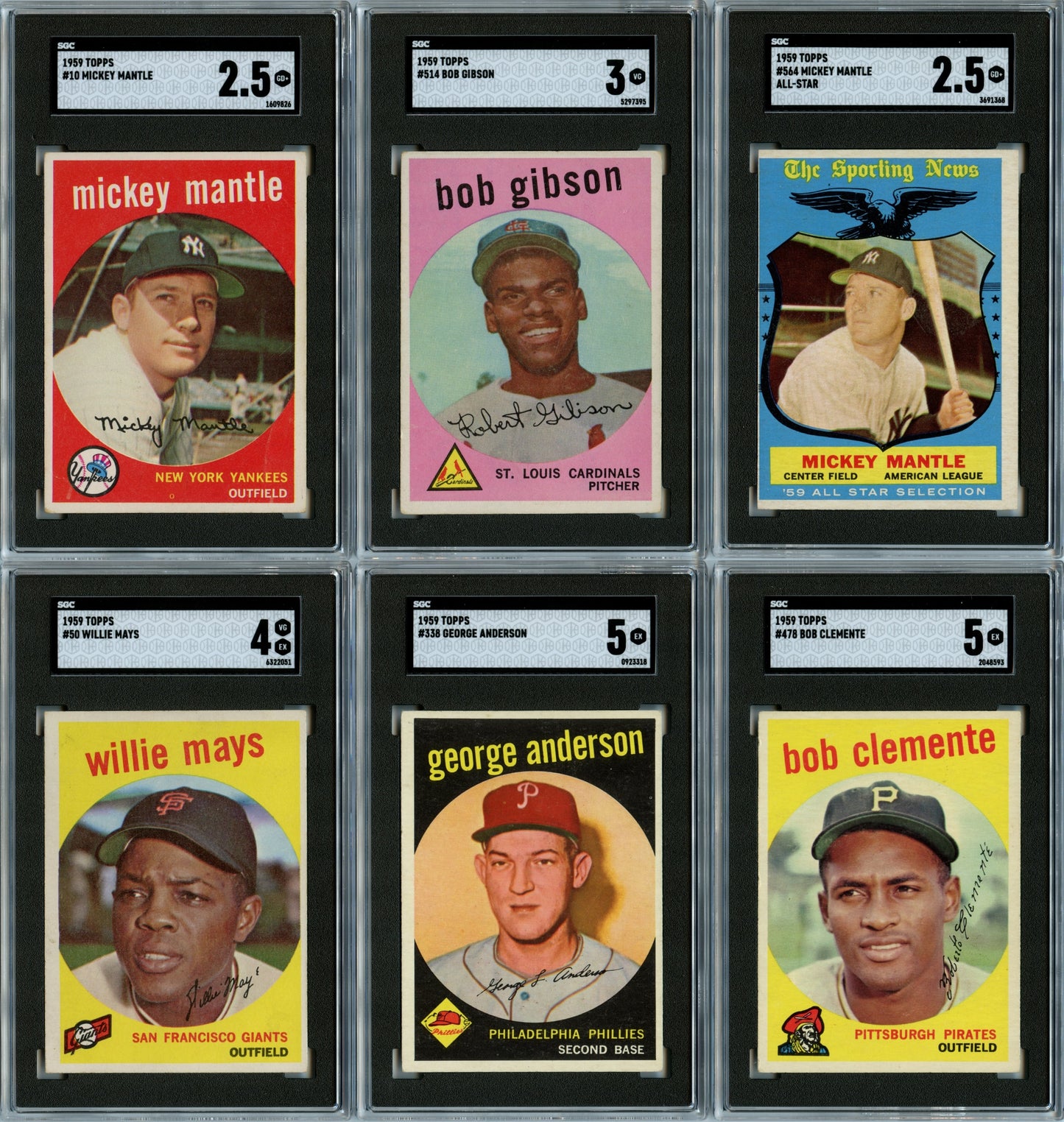 1959 Topps Baseball Complete Set Break 572 Spot Random Card (Bob Gibson Rookie SGC 3, Mickey Mantle SGC 2.5, Mickey Mantle All-Star SGC 2.5, Willie Mays SGC 4, Roberto Clemente SGC 5, etc.!)