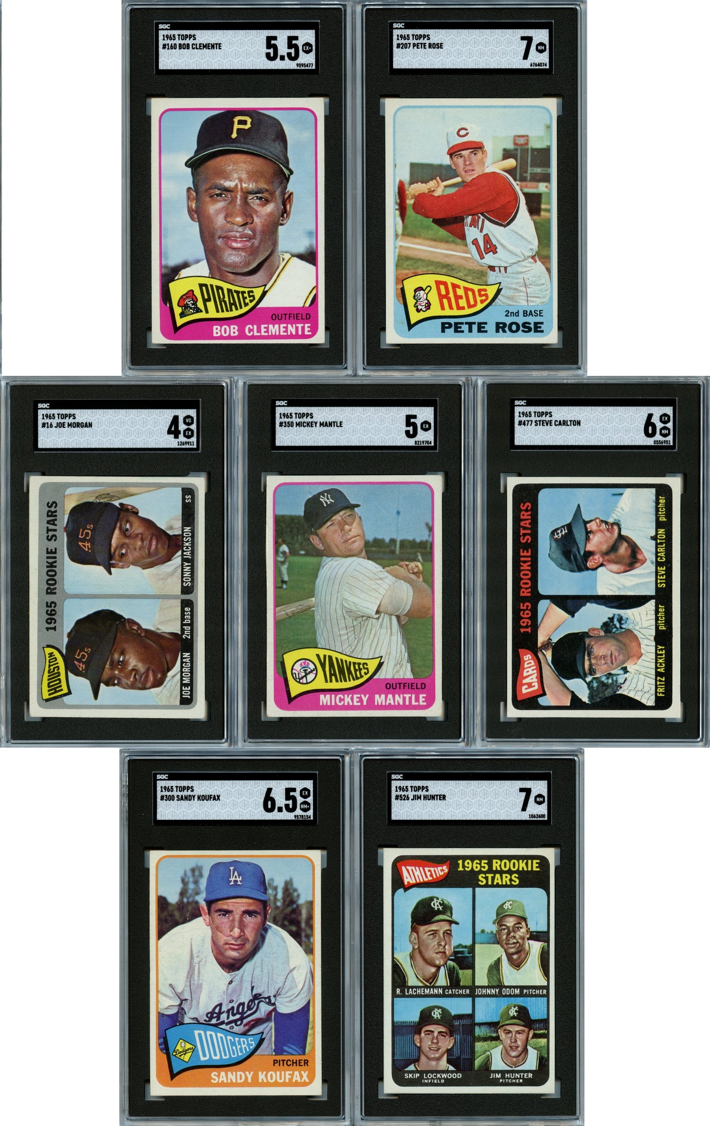 1965 Topps Baseball Set Break 598 Spot Random Card (Mickey Mantle SGC 5, Steve Carlton Rookie SGC 6, Joe Morgan Rookie SGC 4, Catfish Hunter Rookie SGC 7, Pete Rose SGC 7, etc!)